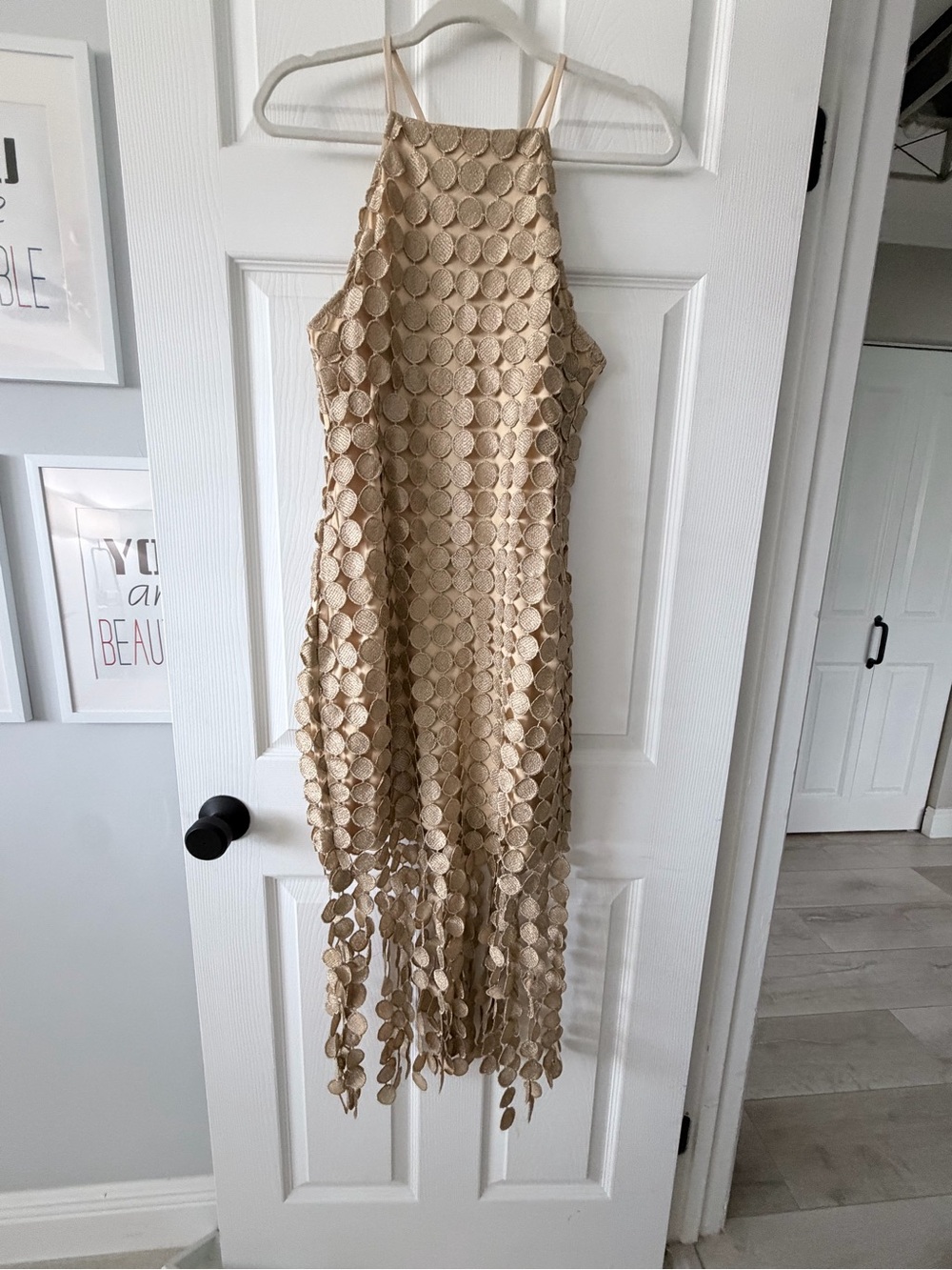 Gold Circle-Detail Fringe Halter Midi Dress NEW